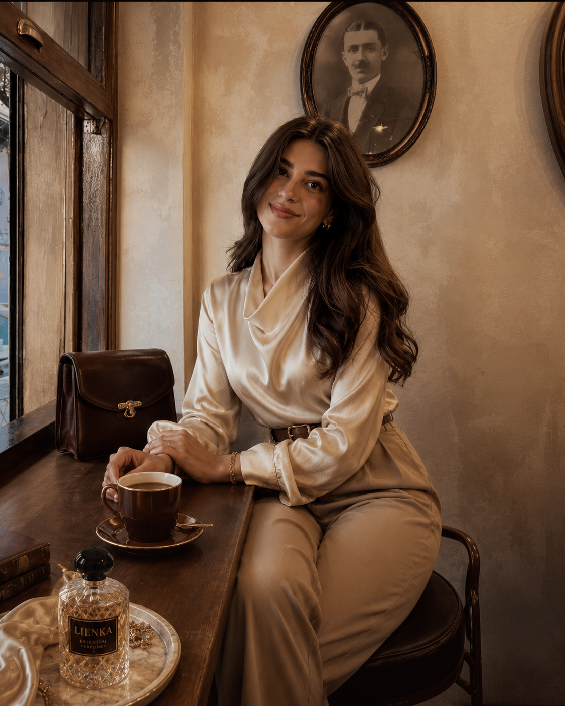 A LIENKA muse in an Istanbul café, soft afternoon light